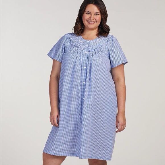 Miss Elaine Seersucker Short Midi Robe Navy Blue White Check Size 2X NEW $54 - Picture 16 of 16